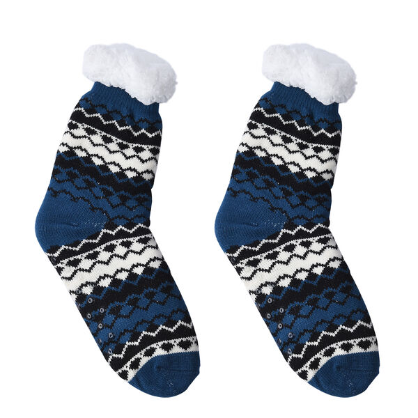 2er-Set - Rutschfeste Haussocken mit Sherpafutter, Wintermuster, Einheitsgröße, Blau und Koralle image number 2