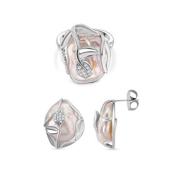 Wei&szlig;e S&uuml;&szlig;wasserperle und Zirkonia Ohrringe und flexibler Ring