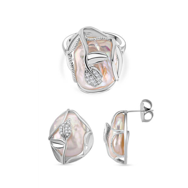 Wei&szlig;e S&uuml;&szlig;wasserperle und Zirkonia Ohrringe und flexibler Ring