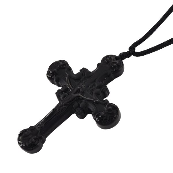 Schwarzer Glasachat Halskette 66 cm ca. 60,00 ct. image number 3