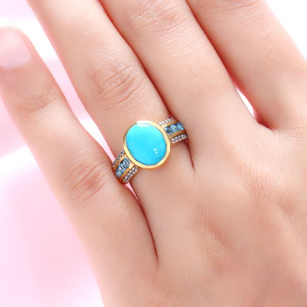 Amerikanischer, nat&uuml;rlicher Sleeping Beauty T&uuml;rkis und schweizer Blautopas-Ring, 925 Silber Gelbgold Vermeil  ca. 3,68 ct image number 3