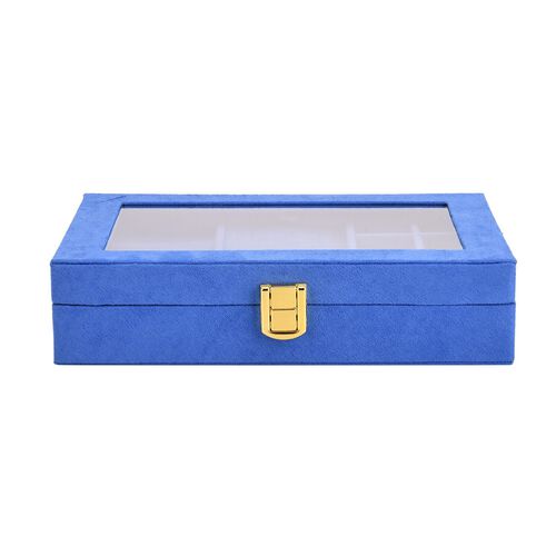 Samt Schmuckbox mit 5 Silberputztüchern, 8 Ringfächer, 8 kleine Fächer, herausnehmbares Kettentablett, Sichtfenster, Metallschloss, 20x15x5?cm, Blau image number 1