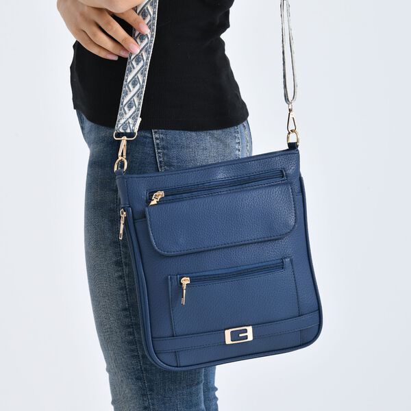 Crossbody-Tasche mit gewebtem Schulterriemen und Rei&szlig;verschlussf&auml;chern, 24x28 cm, Marineblau image number 4