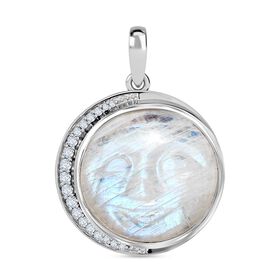 AA Premium Regenbogen Mondstein, Weißer Zirkon Anhänger 925 Silber platiniert ca. 18.29 ct