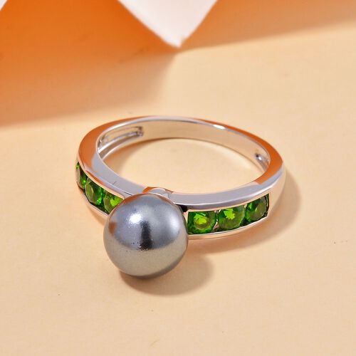 Tahiti Muschelkernperle, Natürlicher Chromdiopsid Ring 925 Silber platiniert (Größe 16.00) image number 1