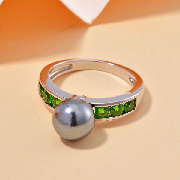 Tahiti Muschelkernperle, Nat&uuml;rlicher Chromdiopsid Ring 925 Silber platiniert (Gr&ouml;&szlig;e 16.00) image number 1