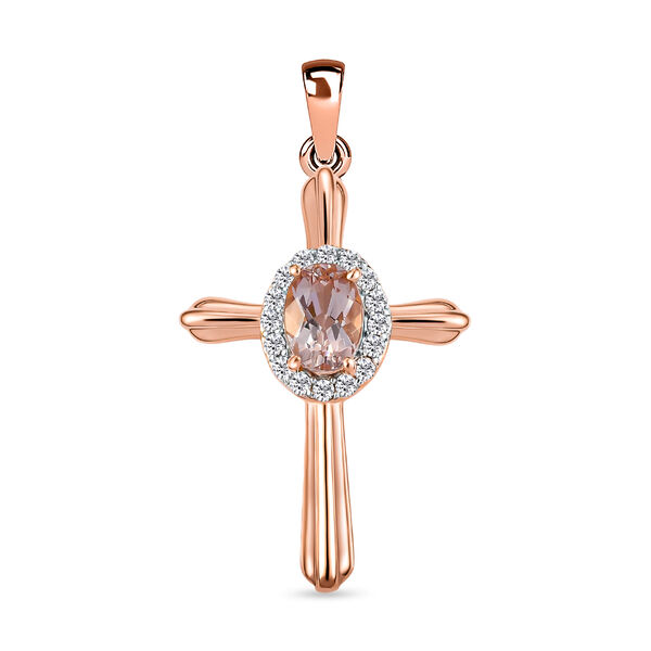 Morganit und wei&szlig;er Zirkon Kreuz-Anh&auml;nger, 925 Silber Ros&eacute;gold Vermeil ca. 1.04 ct