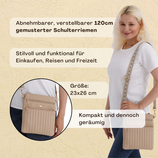 Crossbody-Tasche mit gemustertem Schulterriemen und vielen Fächern, 23×26 cm, Beige image number 2