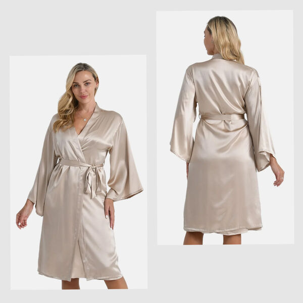 LA MAREY Kimono mit Gürtel aus 100% Maulbeerseide, Champagner, Einheitsgröße image number 0