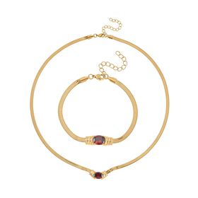 2-teiliges Schmuckset, Halskette und Armband mit Roter Kristallen, Edelstahl goldfarben