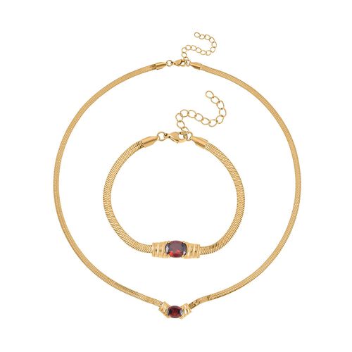 2-teiliges Schmuckset, Halskette und Armband mit Roter Kristallen, Edelstahl goldfarben image number 0