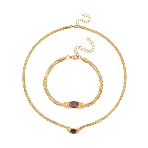 2-teiliges Schmuckset, Halskette und Armband mit Roter Kristallen, Edelstahl goldfarben image number 0