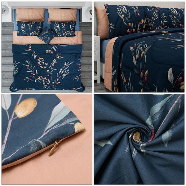 SERENITY NIGHT: 3er-Set - Seidensteppdecke und 2 Kissenbez&uuml;ge, Olivenbaummuster, Dunkelblau und Ros&eacute;-beige image number 4