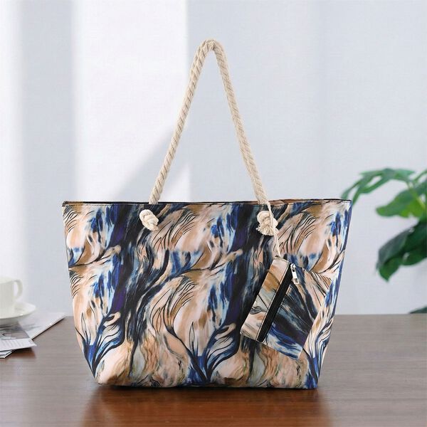 Leopardenmuster Shopper Set 2-teilig Gro&szlig;e Tragetasche 56 x 36 x 16 cm mit Rei&szlig;verschluss Etui 15 x 12 cm, Cremeblau image number 1