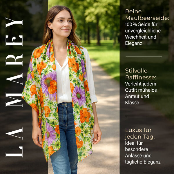 LA MAREY Schal aus 100 % Maulbeerseide, 195×110 cm, orange-weiß image number 2