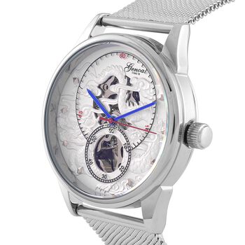 GENOA TIME V2 - Automatische mechanische Uhr mit Drachenmuster und Edelstahl-Mesharmband, 23 cm, Silber, ca. 89,00g