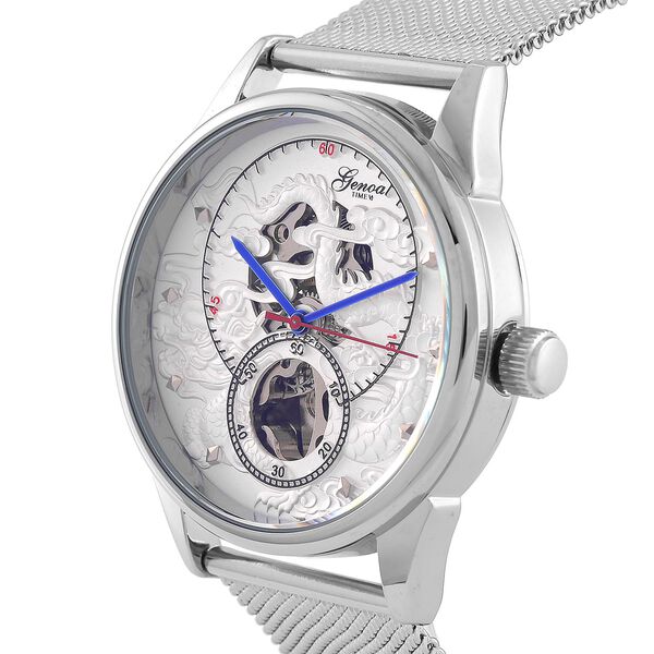 GENOA TIME V2 - Automatische mechanische Uhr mit Drachenmuster und Edelstahl-Mesharmband, 23 cm, Silber, ca. 89,00g image number 4