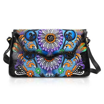 SUKRITI handbemalte Echtleder Tasche mit Pr&auml;gung 32 x 6 x 19 cm, Schwarz