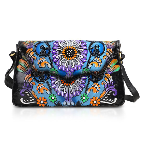 SUKRITI handbemalte Echtleder Tasche mit Pr&auml;gung 32 x 6 x 19 cm, Schwarz