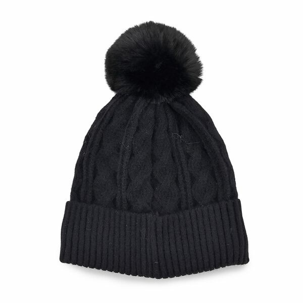 Strickm&uuml;tze mit Bommel, weiches Mischgewebe, Einheitsgr&ouml;&szlig;e, Schwarz