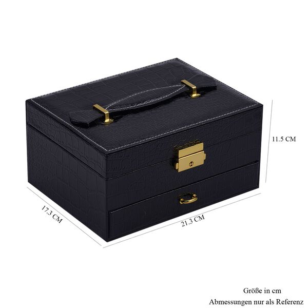 2-lagige Kunstleder-Schmuckschatulle mit Kroko-Pr&auml;gung und Schloss mit Schl&uuml;ssel, 21.3x17.3x11.5cm, Schwarz image number 7