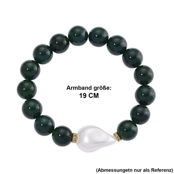 Verde Onyx, Wei&szlig;e Muschelkernperle, Wei&szlig;er Zirkonia Armband ca. Flexibles cm Standard gelb vergoldet image number 5