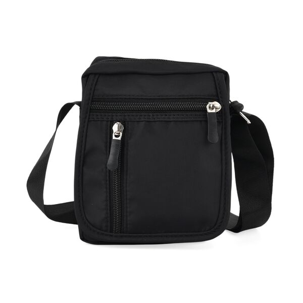 Umh&auml;ngetasche mit mehreren Rei&szlig;verschlussf&auml;chern und RFID-Schutz, 12,5x6x16cm, Schwarz