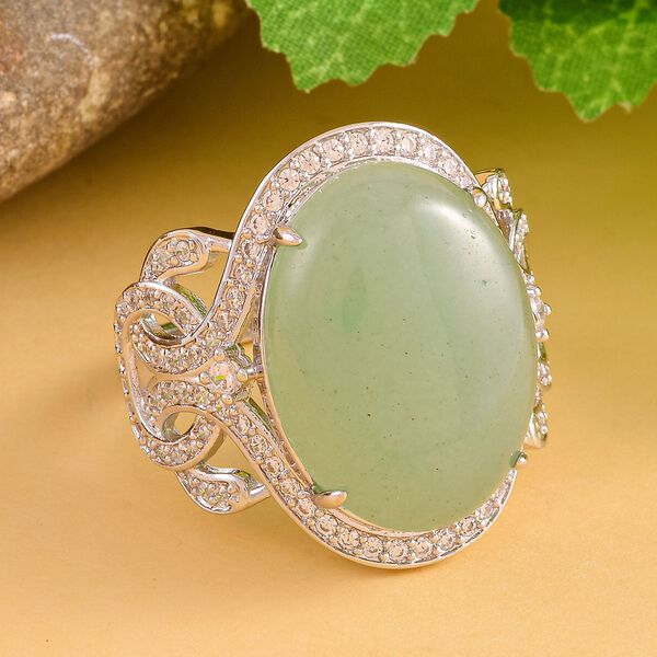 Gr&uuml;ner Aventurin, wei&szlig;e Zirkon Ring, Messing (Gr&ouml;&szlig;e 16.00) ca. 13,05 ct image number 2