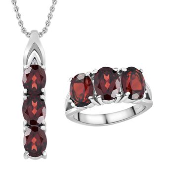 2er Set - Roter Granat Anh&auml;nger und Ring, Edelstahl ca. 8.55 ct