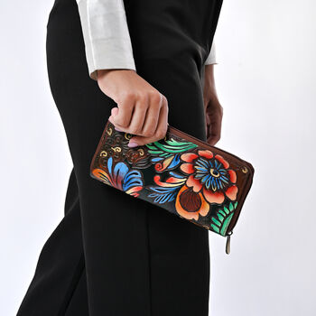 Handbemalte Leder Geldb&ouml;rse RFID, Tan, 22.8 x 2.5 x 12.7 cm