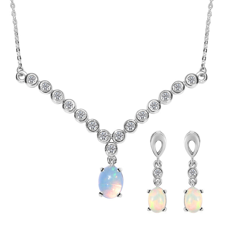 2er-Set, äthiopische Opal und Zirkon Halskette und Ohrringe in Silber image number 0