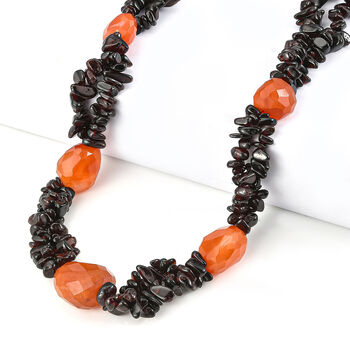 Roter Granat, Karneol Halskette ca. 50 cm Nickelfreies Messing Platiniert ca. 555.00 ct