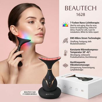 BEAUTECH Gesichts- und Halsmassageger&auml;t mit Standfu&szlig;, 7 Lichtfarben, Ladestation, 14x8,6x8,4cm, Schwarz