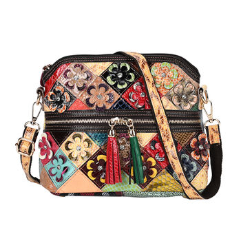 Chaos by Elsie Echte Leder Umh&auml;ngetasche mit Quaste und RFID-Schutz,, 25 x 10 x 22 cm, Halbbl&uuml;tenmuster