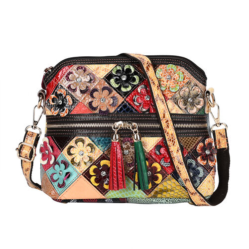 Chaos by Elsie- Echtleder Crossbody Bag mit RFID-Schutz und Kroko-Prägung, Florales Muster image number 0