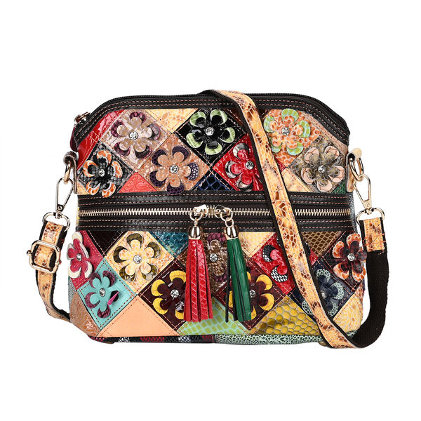 Chaos by Elsie- Echtleder Crossbody Bag mit RFID-Schutz und Kroko-Prägung, Florales Muster image number 0