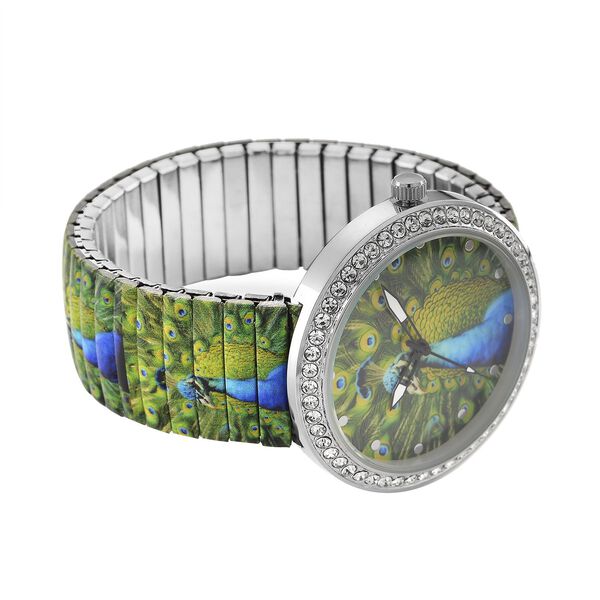 STRADA - Armbanduhr mit Pfaumotiv, Kristall-Lünette, Japanisches Uhrwerk, Edelstahlzugband, Reiner Edelstahl image number 5