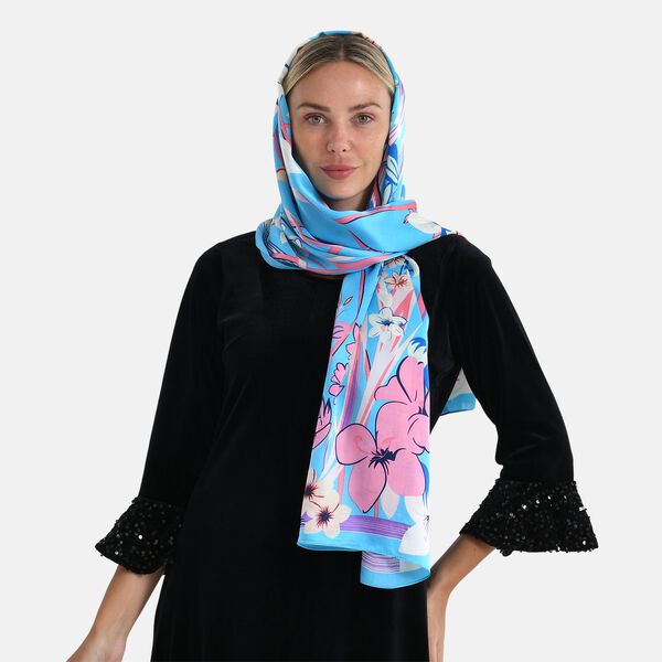 LA MAREY Signature Seidenschal aus 100% Maulbeerseide, 55 x 170 cm, Blau Floral image number 2