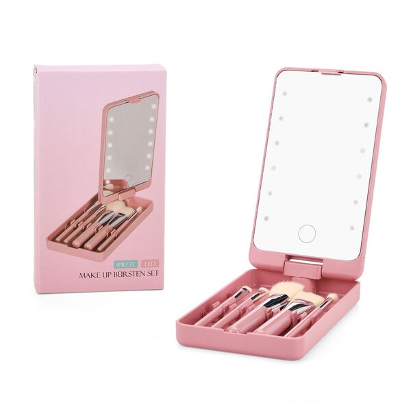 5-teiliges Reise-Makeup-Pinselset mit Spiegel, 16x8,9x2,6cm, rosa image number 0