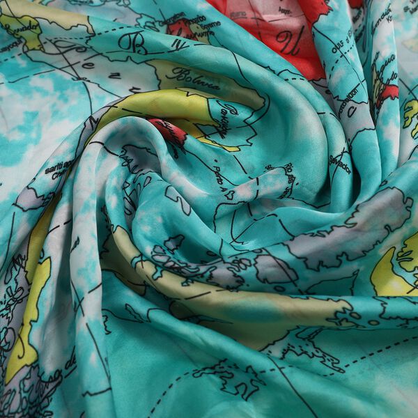 100% natürlicher Satin Seiden Schal, Weltkarte Muster, Türkis image number 6