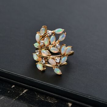 D'Joy AA Nat&uuml;rlicher, &auml;thiopischer Welo Opal, Wei&szlig;er Zirkon Ring 925 Silber 750 Gelbgold Vermeil (Gr&ouml;&szlig;e 17.00) ca. 2.12 ct