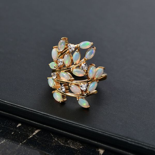 D'Joy AA Natürlicher, äthiopischer Welo Opal, Weißer Zirkon Ring 925 Silber 750 Gelbgold Vermeil (Größe 17.00) ca. 2.12 ct image number 2