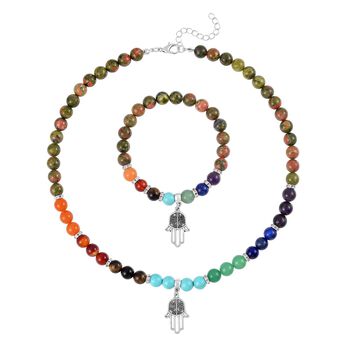 2er Set - Hamsa Hand Anh&auml;nger Set mit Mehrfarbigen und Unakite Edelsteinperlen Chakra Halskette und Armband