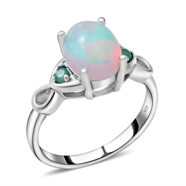 Nat&uuml;rlicher, &auml;thiopischer Opal und Kagem sambischer Smaragd-Ring, 925 Silber platiniert  ca. 1,29 ct image number 2