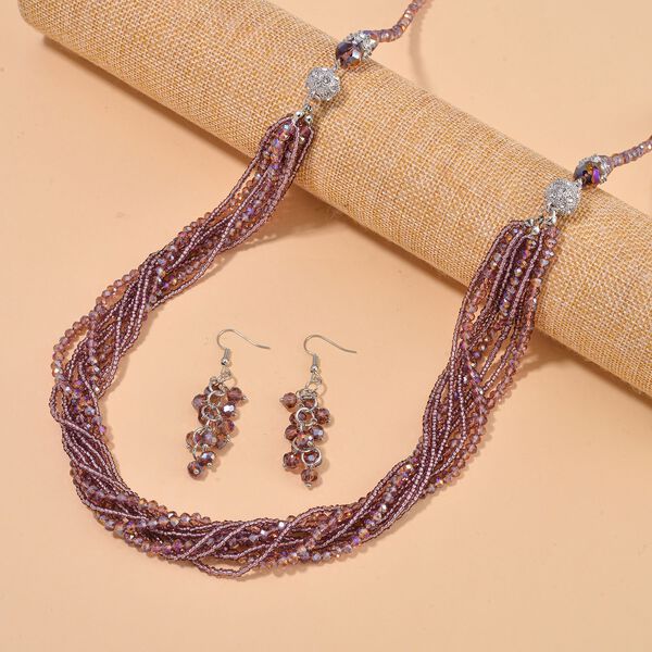 2er Set mehrschichtiger Halsketten und Ohrringe, Lila Kristallperlen und wei&szlig;e Kristalle image number 2