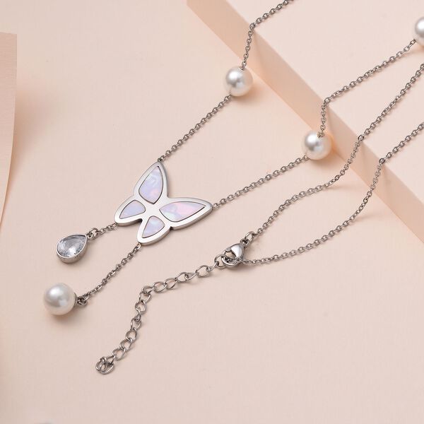 Weißer Kristall, Weiße Muschelkernperle Halskette ca. 50 cm Reiner Edelstahl image number 2