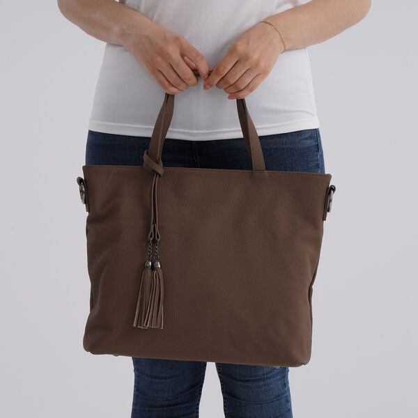 Echtleder-Tote-Bag mit Reißverschlussfach hinten, Doppeltragegriff und Schulterriemen, 35x10x33 cm, Braun image number 2