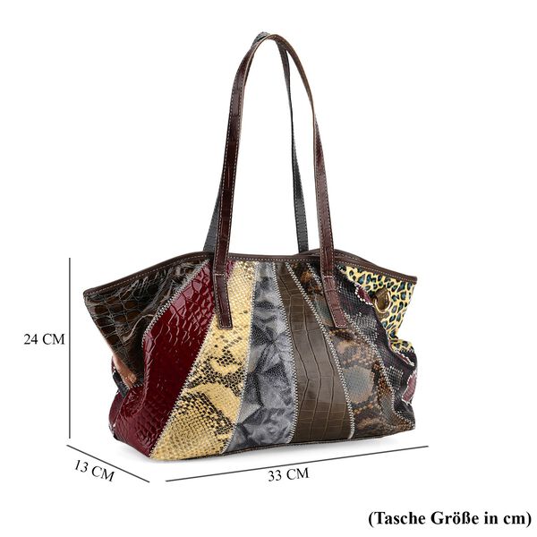 Chaos by Elsie- Echtleder-Shopper, RFID-Schutz, Strahlen Paneel Design, Patchwork aus gepr&auml;gten Ledern Kroko Schlange Leopard Metallic, 33x13x24cm, Mehrfarbig. image number 8