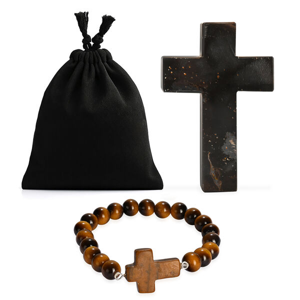 "Livmore  Set of 2 Tiger Eye Gemstone Cross  With Bracelet With Cross Charm Size - 3 Inch  Weight - 46 Gm  Color- Blue"