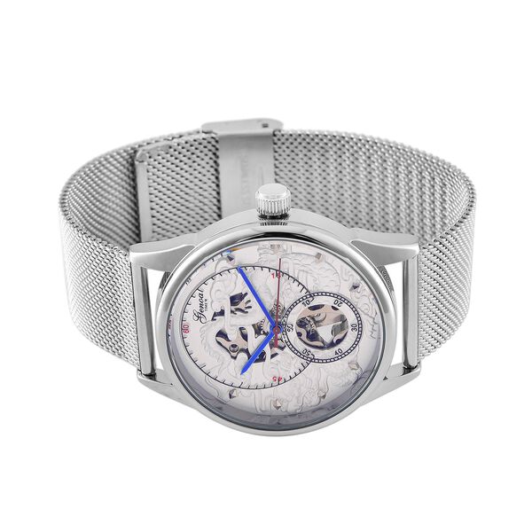 GENOA TIME V2 - Automatische mechanische Uhr mit Drachenmuster und Edelstahl-Mesharmband, 23 cm, Silber, ca. 89,00g image number 5